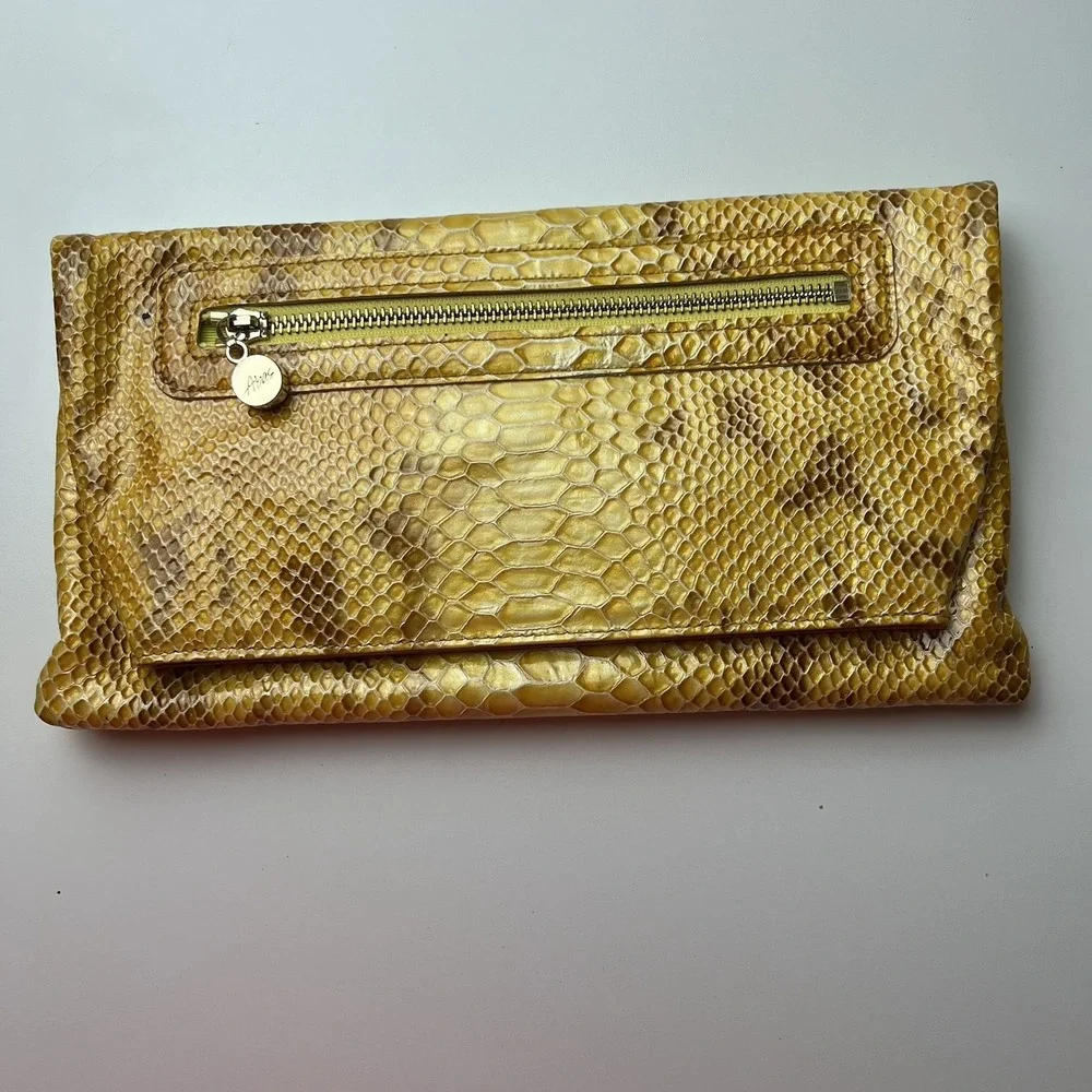 ABAS Snakeskin Embossed Yellow Brown Bag Clutch Purse
